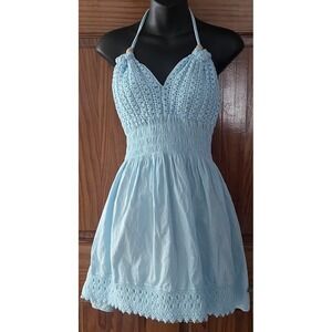 Blanco by Nature L M Mika Boho Beach Festival  Crocheted Tie Dress Sky Blue Mini